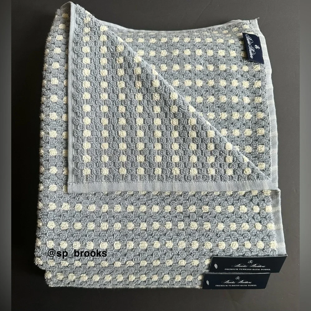 🎁2PC Brooks Brothers Premium Turkish Cotton Bath Towels -Waffle Blue & Ivory